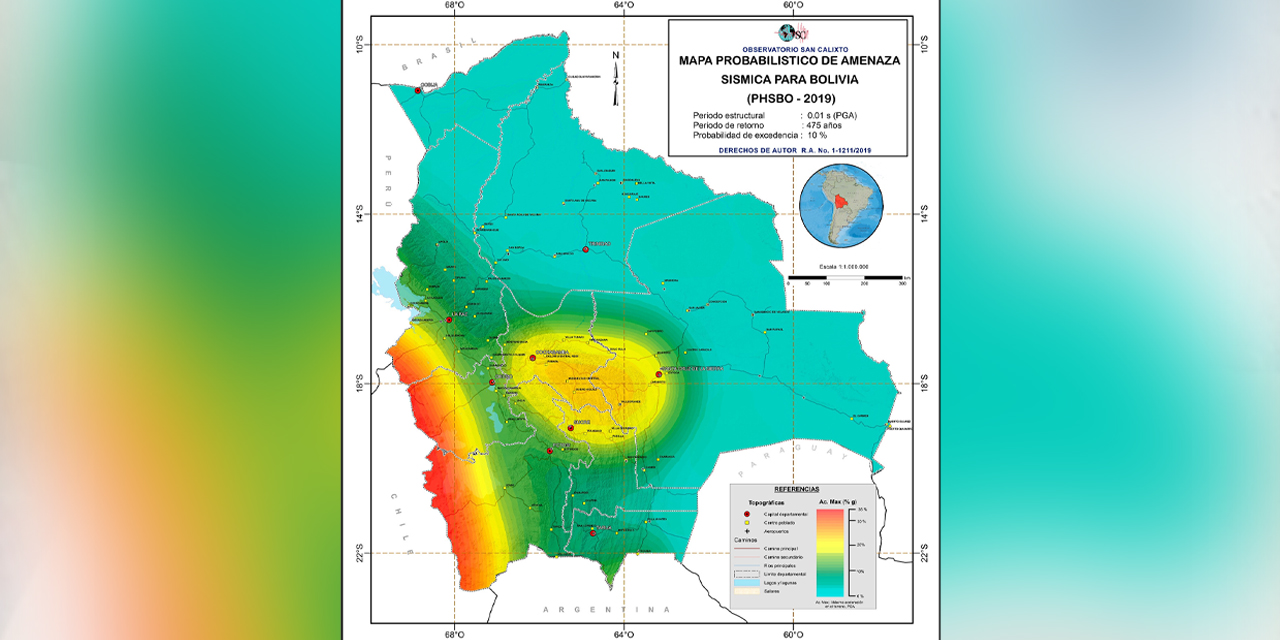 Mapa de posibles amenazas sísmicas en Bolivia.
